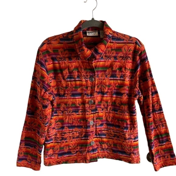 Chico's Design Jacket Hawaiian hibiscus stripes rainbow button down size Small - Picture 1 of 6